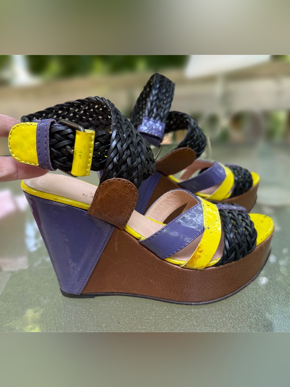 Jean Paul Gaultier Yellow, Purple & Black Woven Wedge Sandals